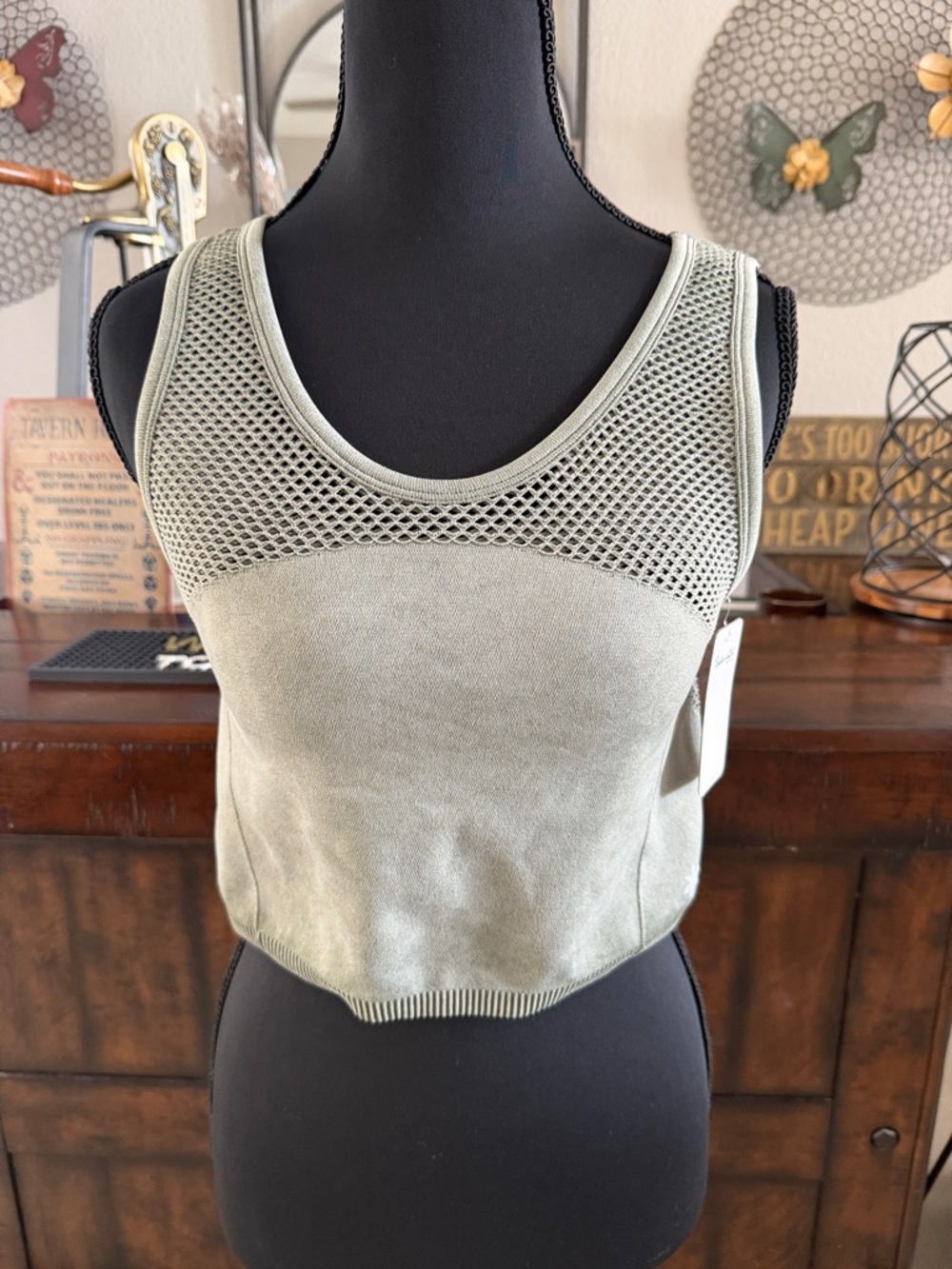 Splendid Sage Green Mesh-Panel Cropped Tank Top